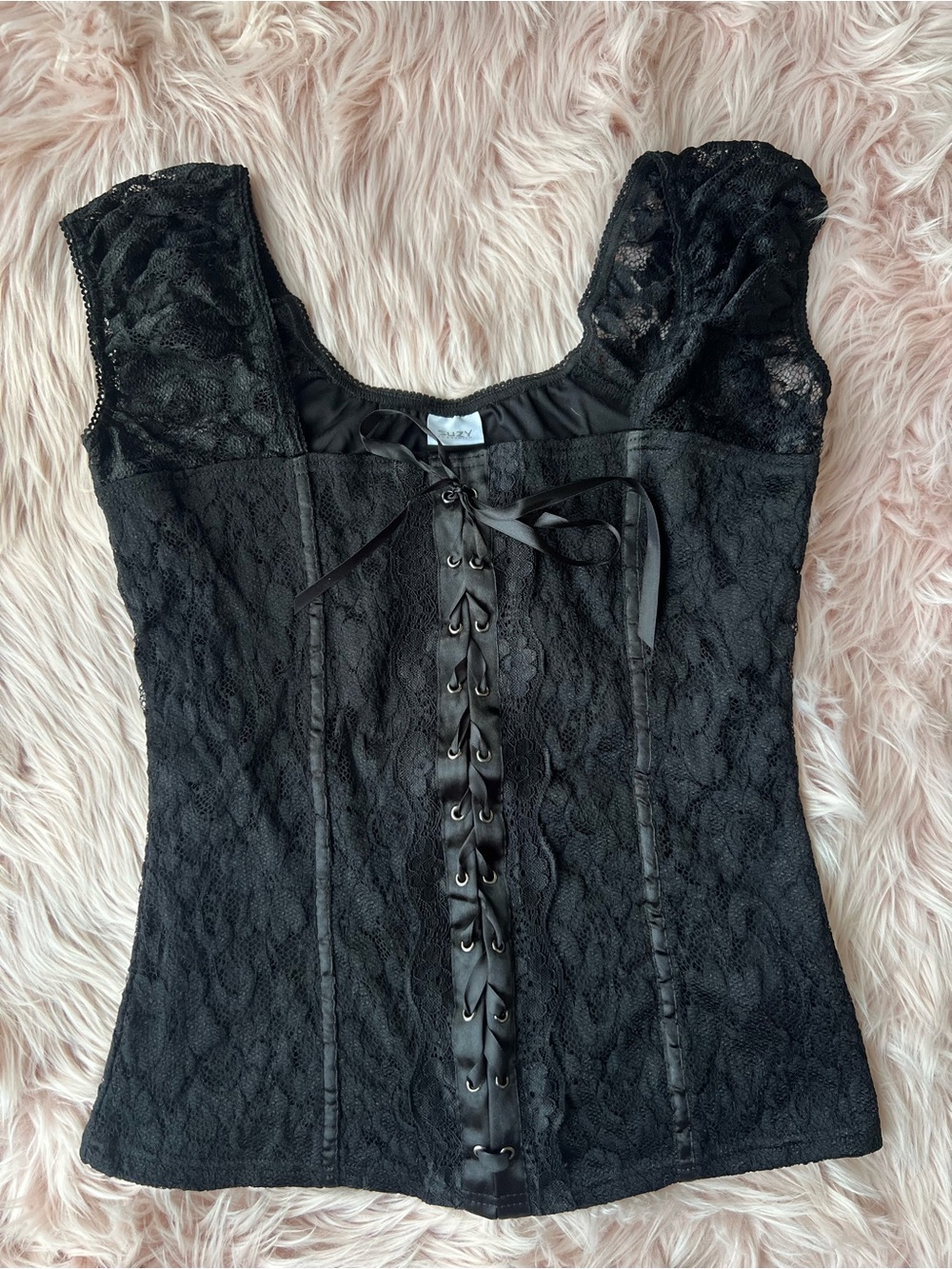 Vintage Suzy Shier Black Lace Corset-Style Camisole with Ribbon Lacing XL